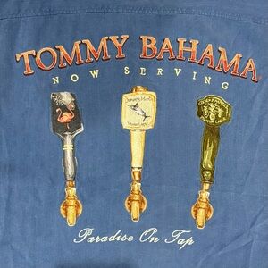 Tommy Bahama XXL Silk Shirt "Paradise On Tap" Blue Embroidered Beer Taps